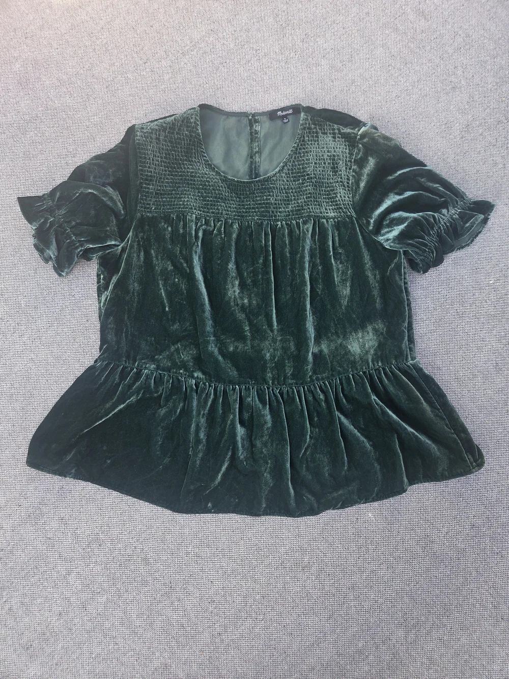 Madewell Deep Forest Green Velvet Peplum Blouse Smocked Puff Sleeve M